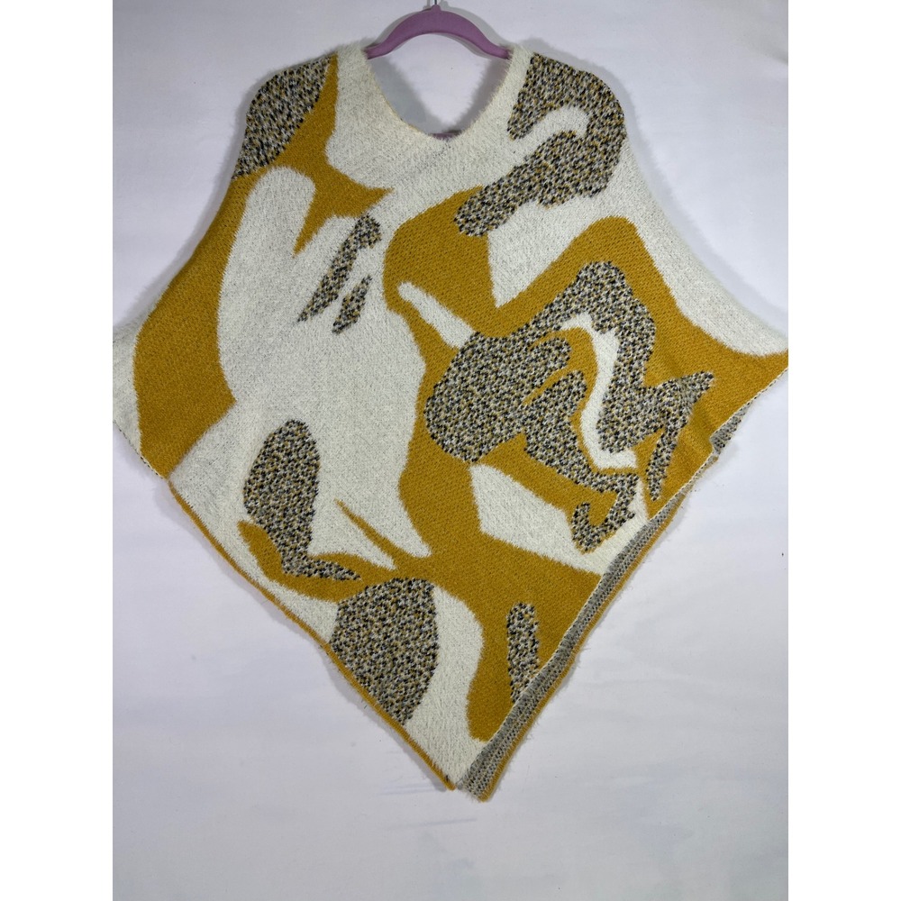 Women Abstract‎ Mustard Yellow Black OS Eyelash Knit VNeck Poncho Wrap Cape